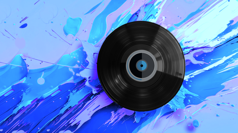 A single vinyl record against a bright backdrop of paint splashes